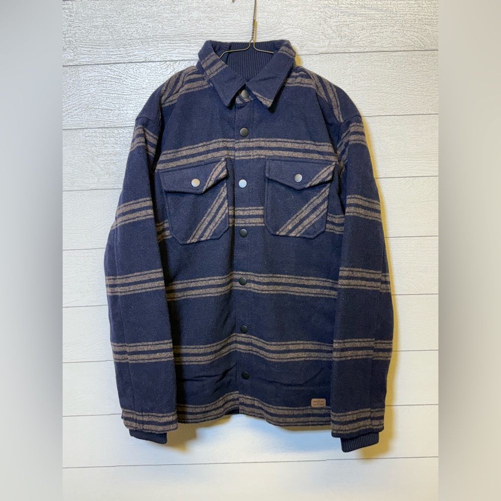 Jachs NY Men's Blue and Tan Striped Sherpa Lined Wool Blend Jacket Medium NWT